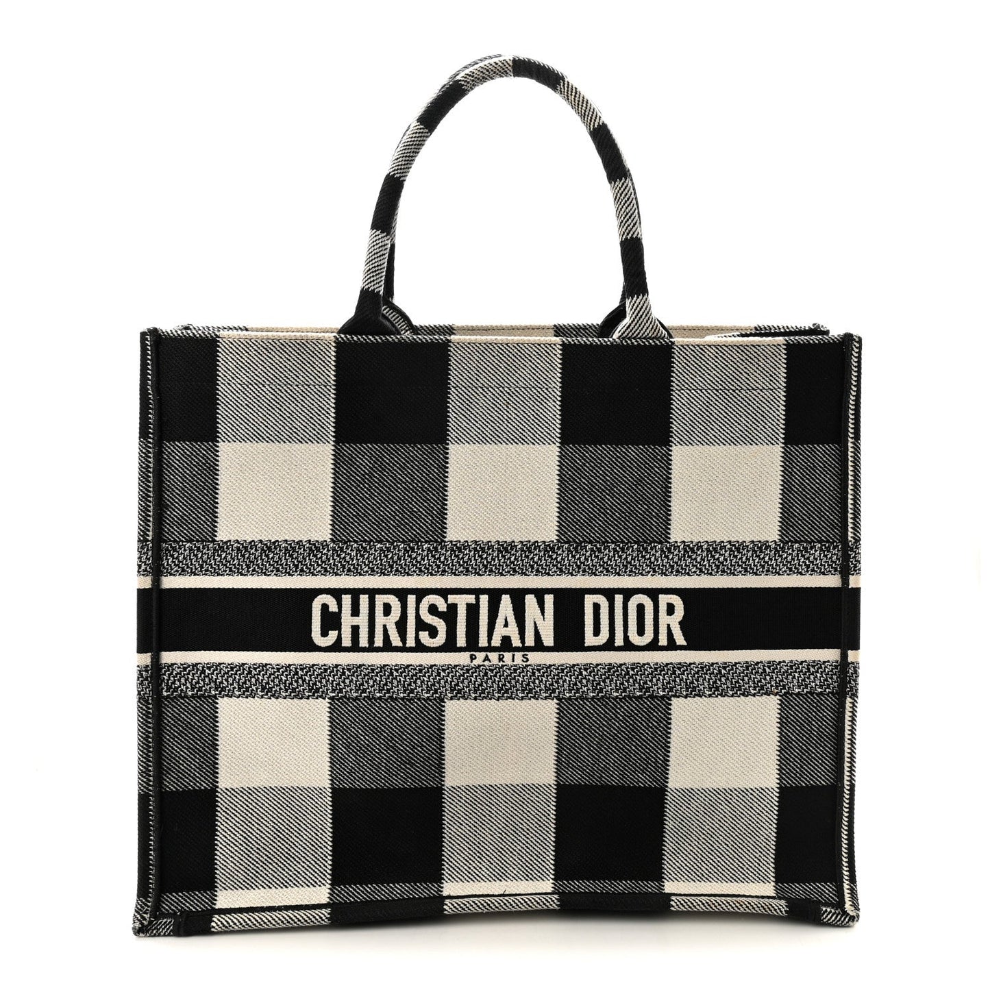 Canvas Embroidered Large Checkered Book Tote Black White