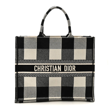 Canvas Embroidered Large Checkered Book Tote Black White