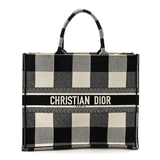 Canvas Embroidered Large Checkered Book Tote Black White