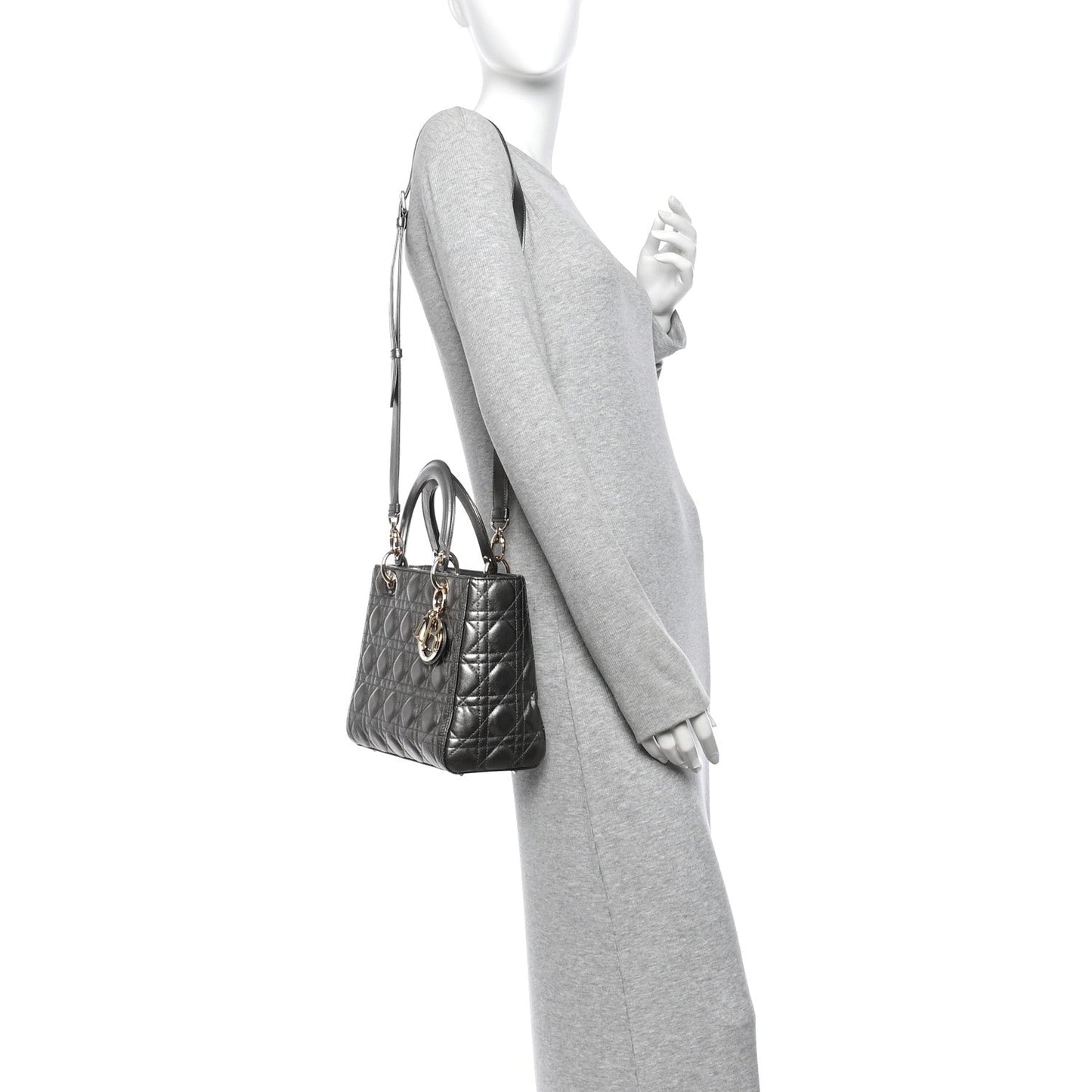 Metallic Calfskin Cannage Medium Lady Dior Gunmetal Grey