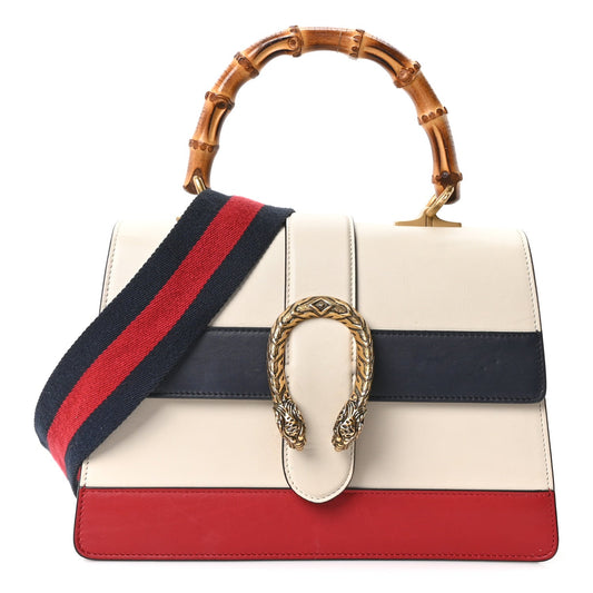 Calfskin Bamboo Web Medium Dionysus Top Handle Bag White Blue Hibiscus Red