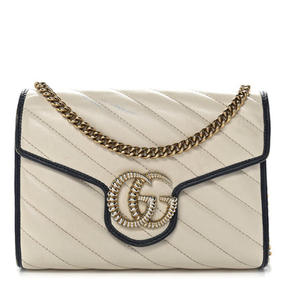Vintage Effect Calfskin Matelasse Diagonal Torchon GG Marmont Chain Wallet Mystic White Blue Agata