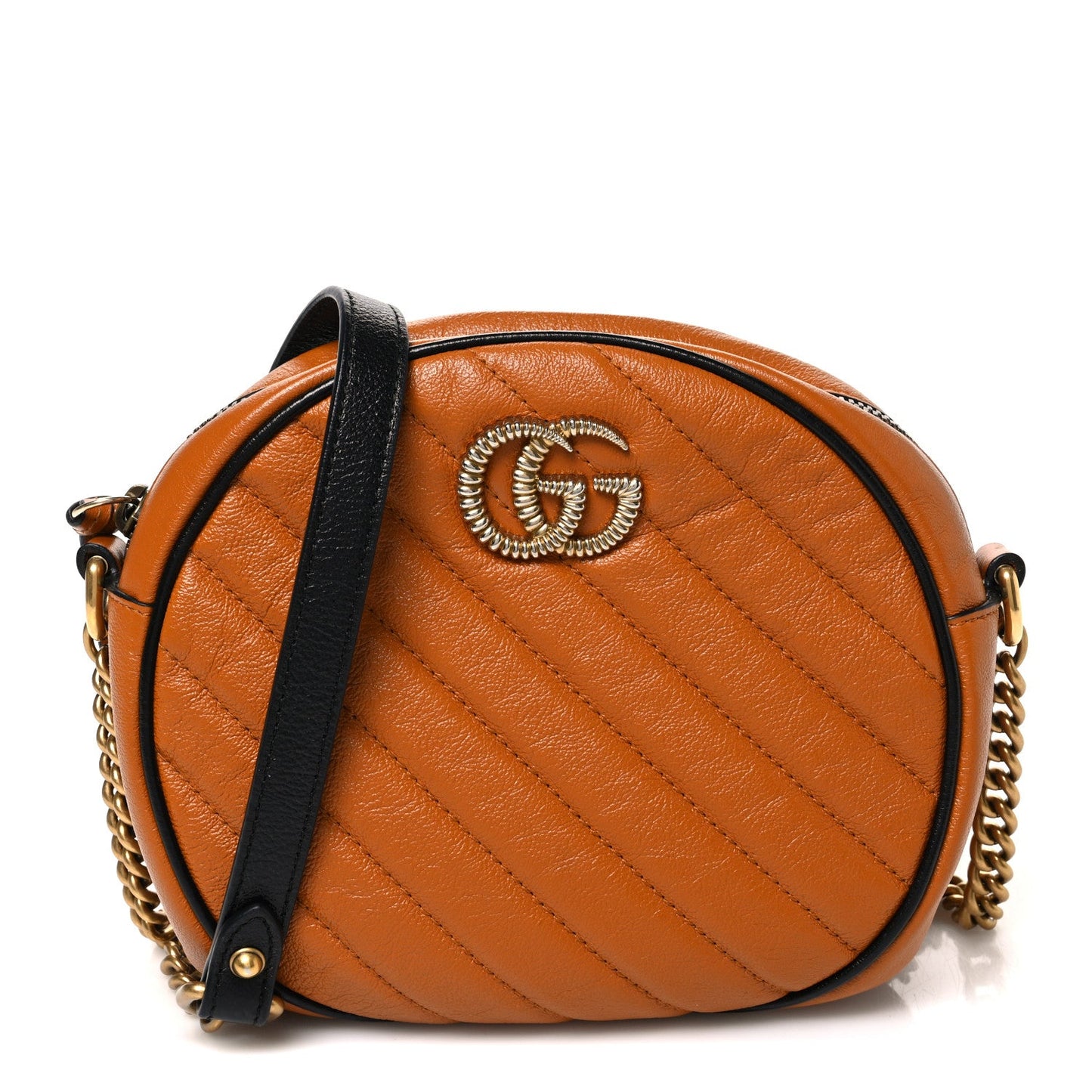 Azalea Calfskin Matelasse Diagonal Mini Torchon GG Marmont Round Shoulder Bag Cognac Black