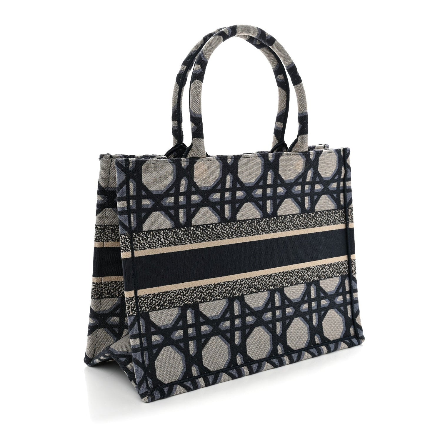 Canvas Macrocannage Embroidered Medium Book Tote Beige Blue