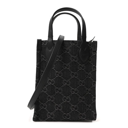 Denim GG Monogram Calfskin Mini Ophidia Tote Bag Black