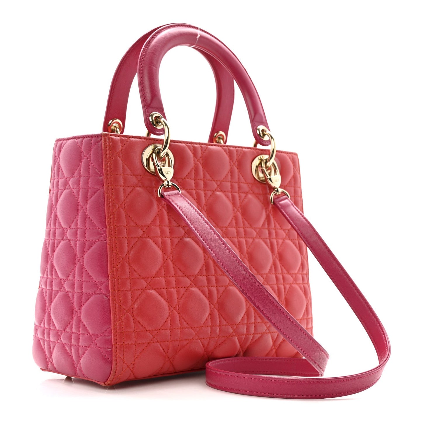 Lambskin Cannage Medium Bi-Color Lady Dior Orange Fuchsia