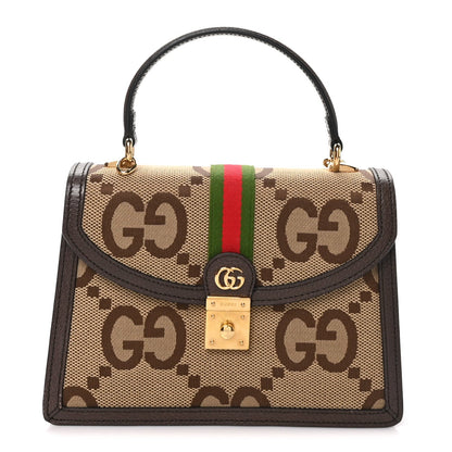 Monogram Jumbo GG Textured Dollar Calfskin Web Small Ophidia Padlock Top Handle Bag Camel Ebony New Acero