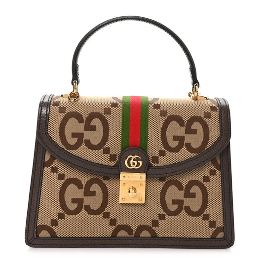 Monogram Jumbo GG Textured Dollar Calfskin Web Small Ophidia Padlock Top Handle Bag Camel Ebony New Acero