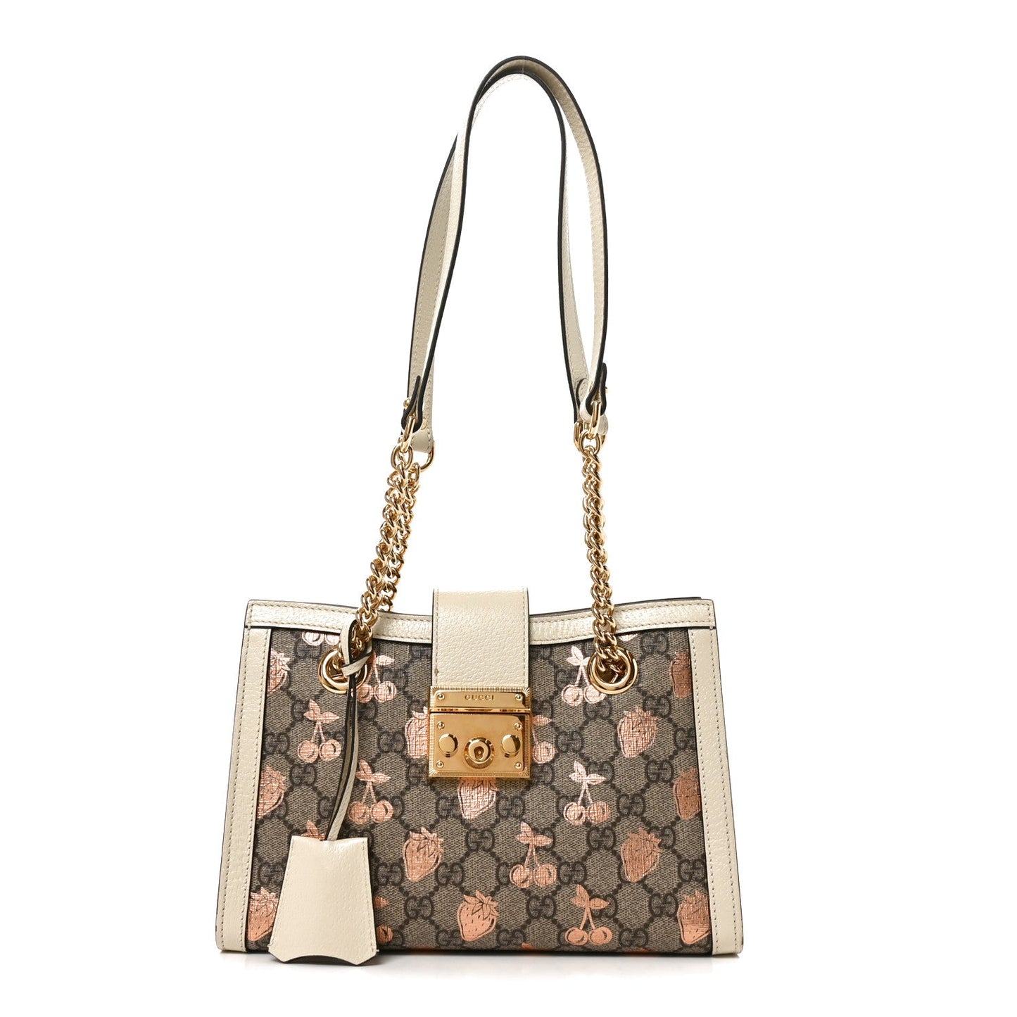 GG Supreme Monogram Berry Textured Dollar Calfskin Small Padlock Tote Beige Ebony Light Copper Mystic White