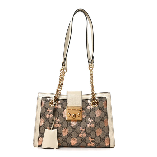 GG Supreme Monogram Berry Textured Dollar Calfskin Small Padlock Tote Beige Ebony Light Copper Mystic White