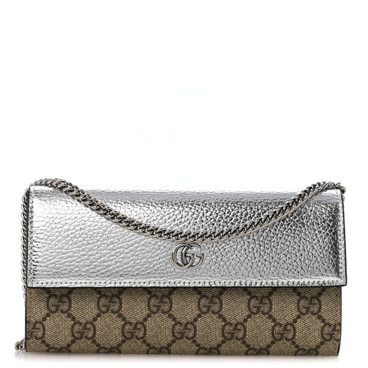 Metallic Calfskin GG Supreme Monogram Petite GG Marmont Wallet Chain Bag Silver Beige Ebony