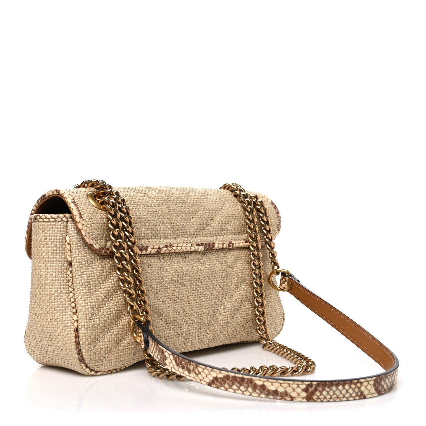 Raffia Elaphe Matelasse Small GG Marmont Shoulder Bag Natural Cream Brown