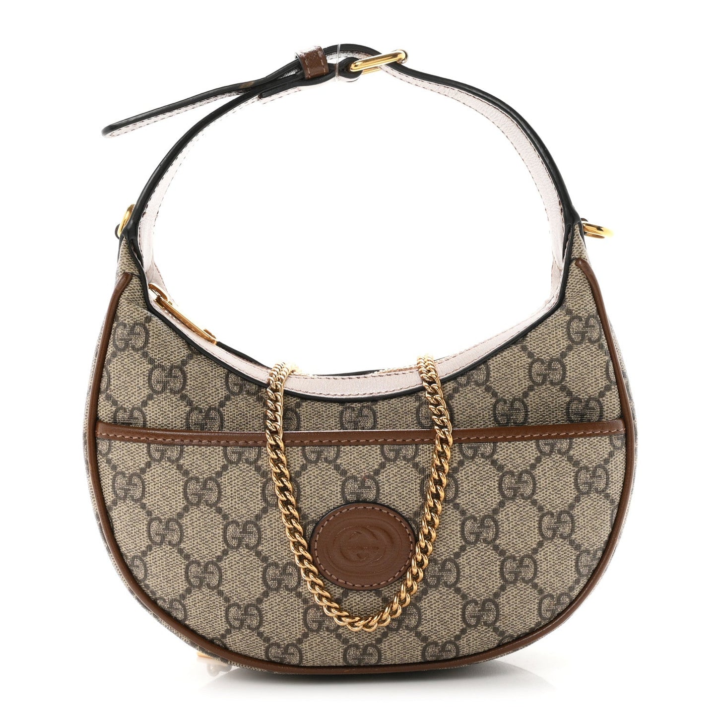 GG Supreme Monogram Azalea Calfskin Mini Retro Interlocking G Half Moon Bag Beige Ebony Brown Sugar