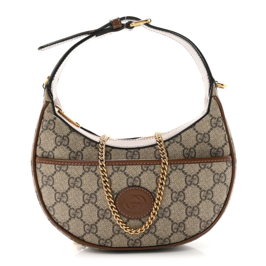 GG Supreme Monogram Azalea Calfskin Mini Retro Interlocking G Half Moon Bag Beige Ebony Brown Sugar