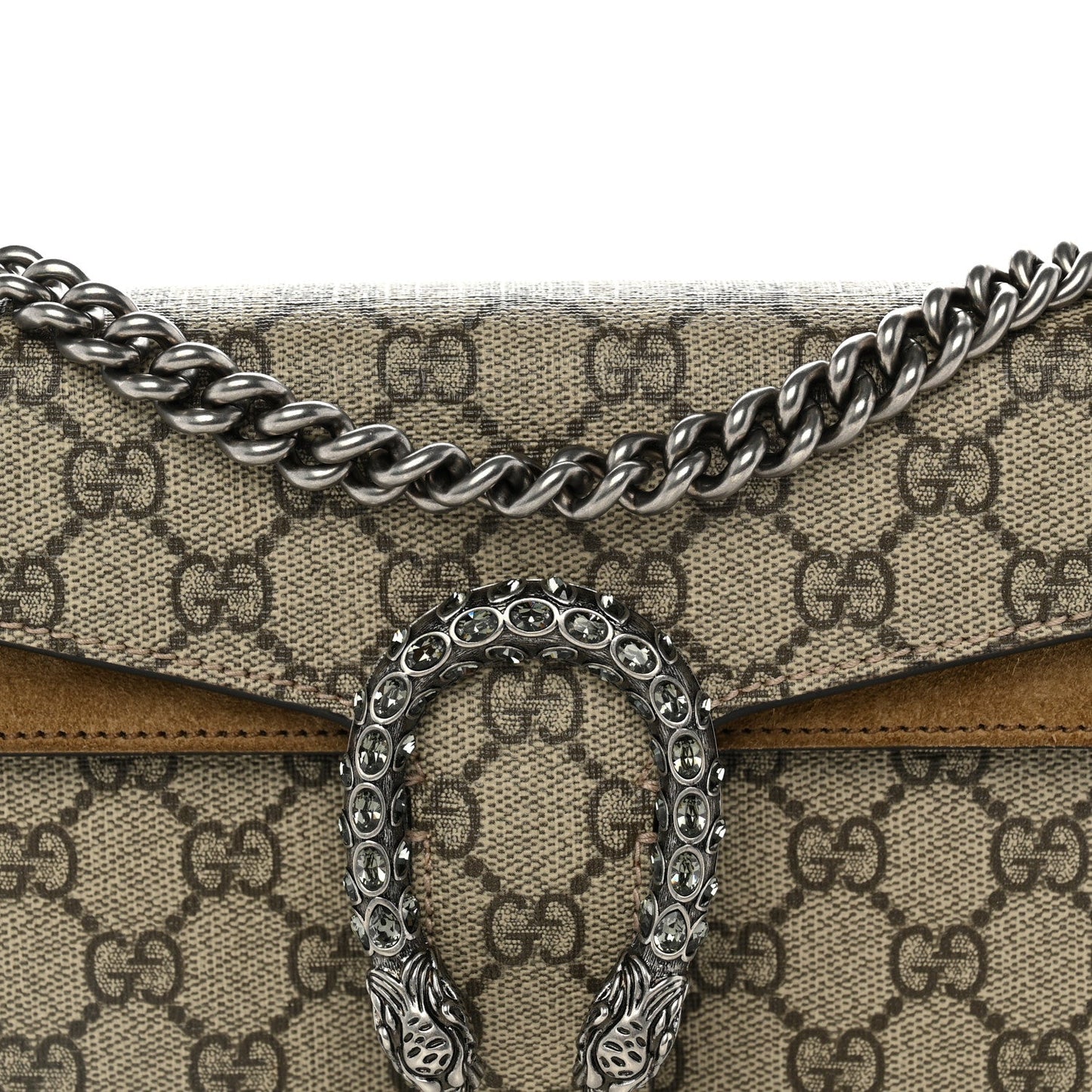 GG Supreme Monogram Suede Crystal Small Dionysus Shoulder Bag Beige Ebony Taupe