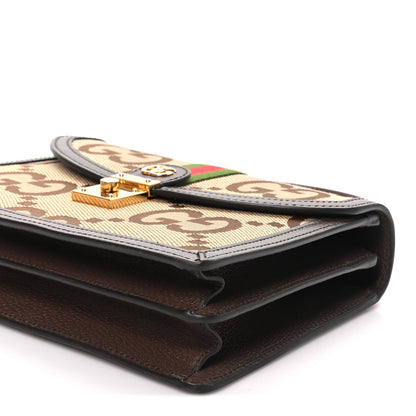 Monogram Jumbo GG Textured Dollar Calfskin Web Small Ophidia Padlock Top Handle Bag Camel Ebony New Acero