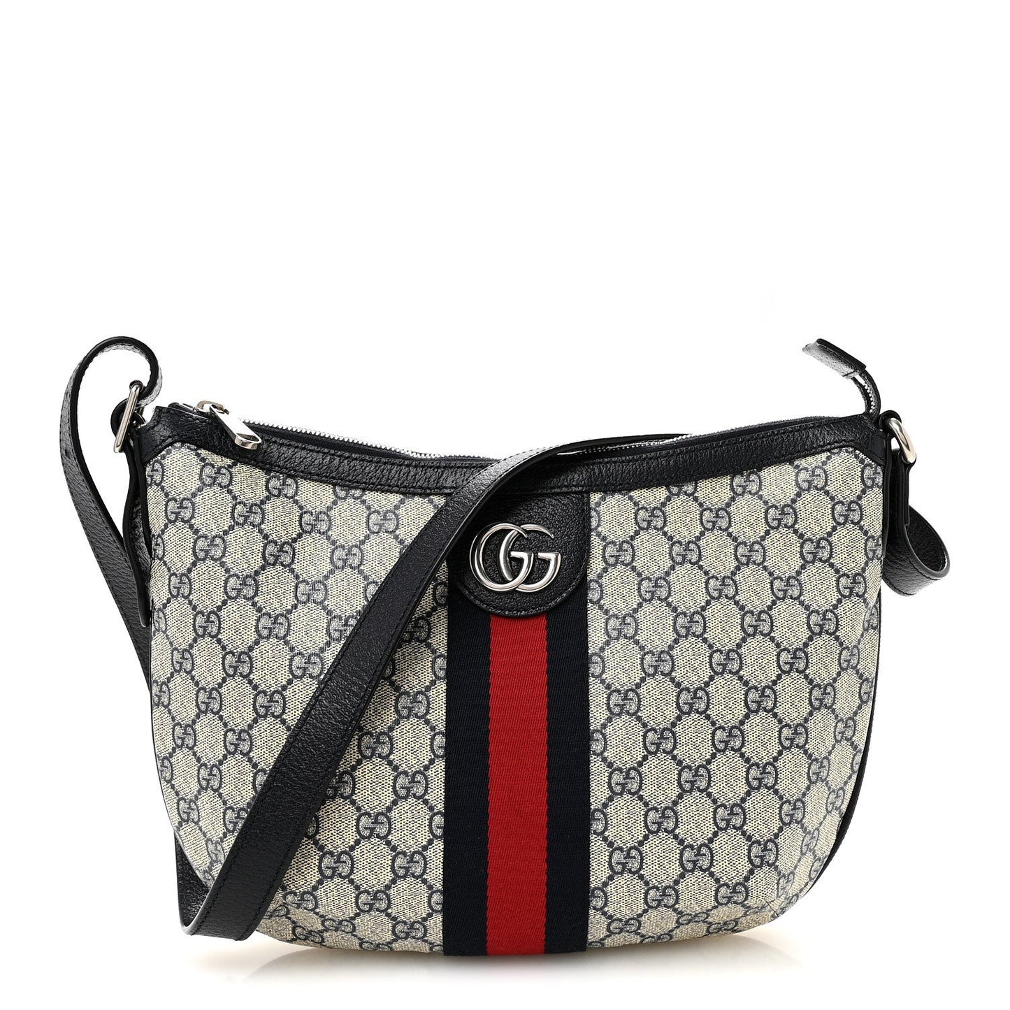 GG Supreme Monogram Textured Dollar Calfskin Web Small Ophidia Half Moon Hobo Beige Blue