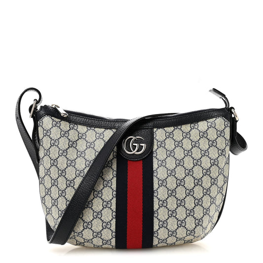 GG Supreme Monogram Textured Dollar Calfskin Web Small Ophidia Half Moon Hobo Beige Blue