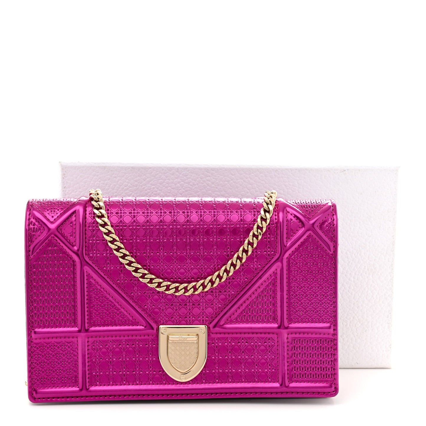 Metallic Patent Micro-Cannage Diorama Wallet on Chain Pouch Pink