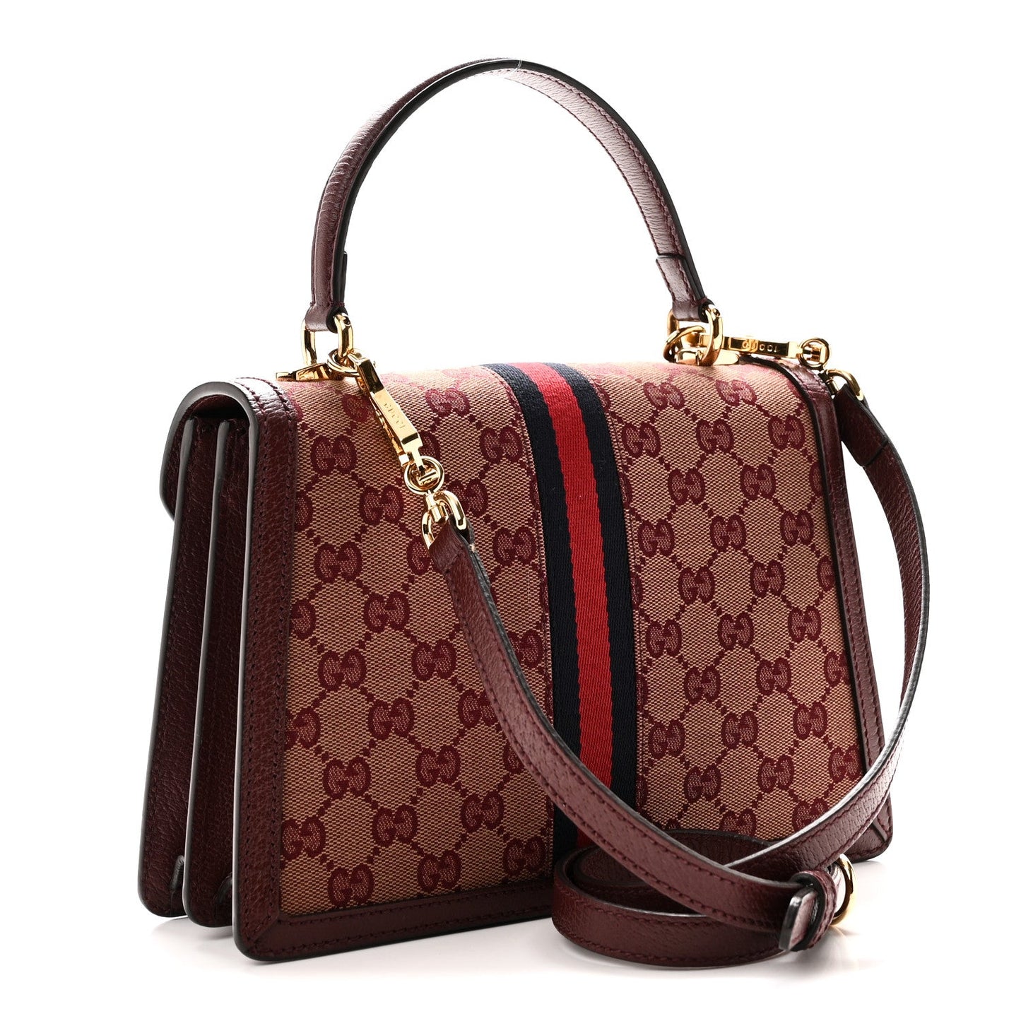 GG Supreme Monogram Textured Dollar Calfskin Web Small Ophidia Padlock Top Handle Bag Bordeaux
