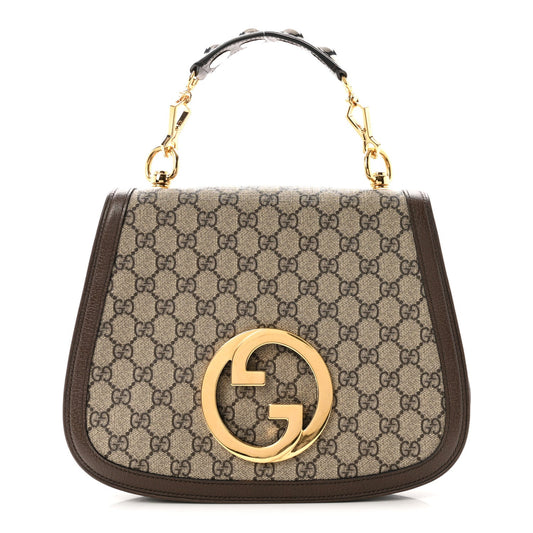 GG Supreme Monogram Textured Dollar Calfskin Web Medium Blondie Top Handle Shoulder Flap Bag Beige Ebony New Acero