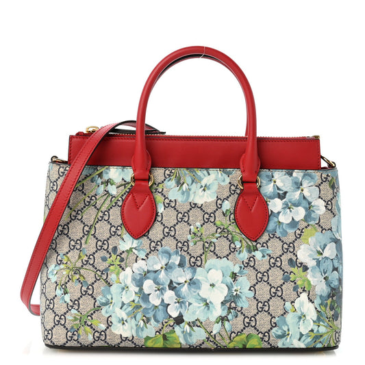 GG Supreme Monogram Blooms Small Zip Top Tote Beige Blue Navy Hibiscus Red