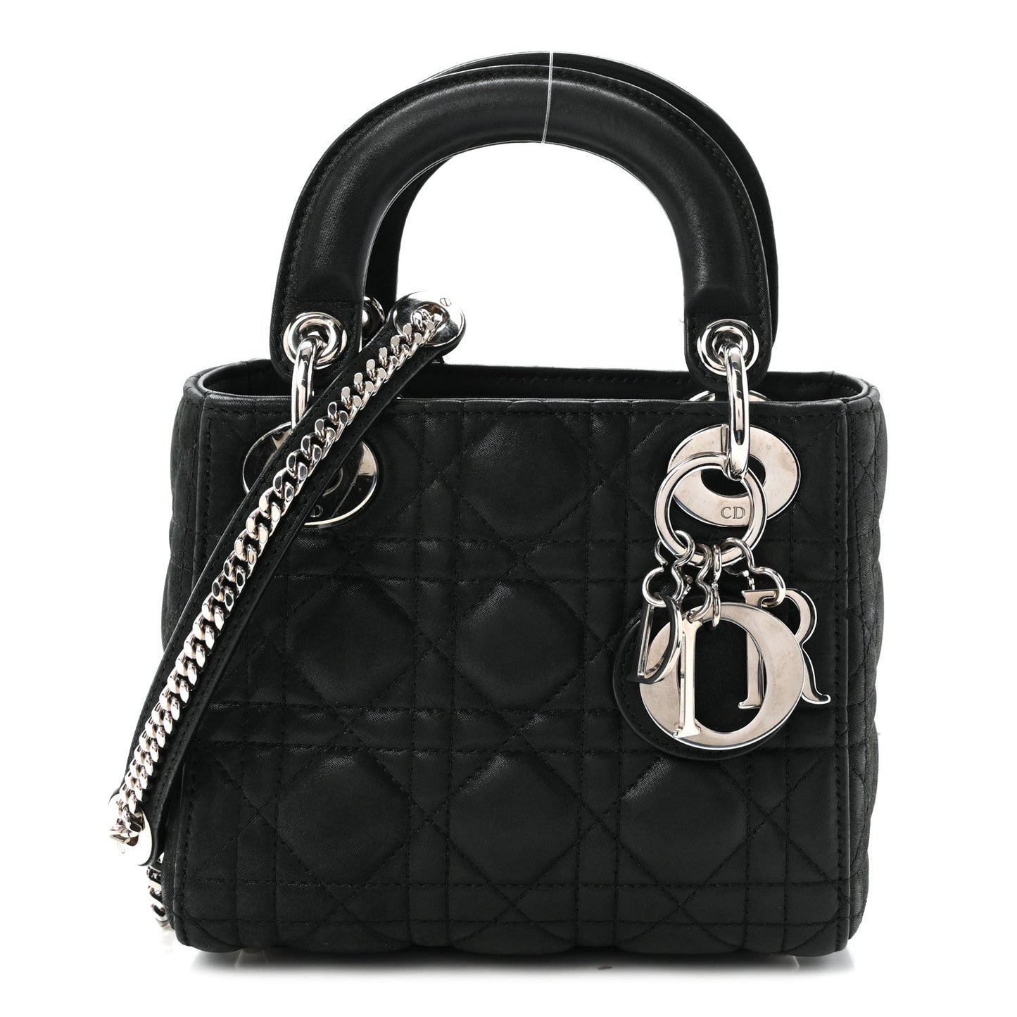 Metallic Calfskin Cannage Mini Lady Dior Black