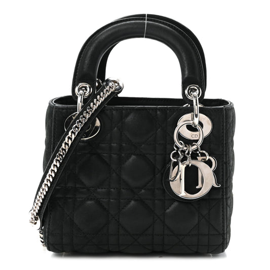 Metallic Calfskin Cannage Mini Lady Dior Black