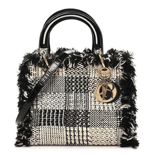Tweed Fringe Medium Lady Dior White Black