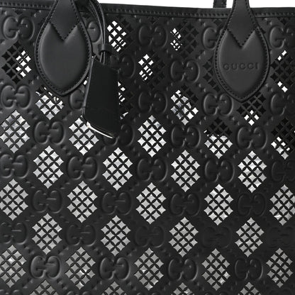Calfskin GG Monogram Diamond Cut Medium Ophidia Tote Bag Black