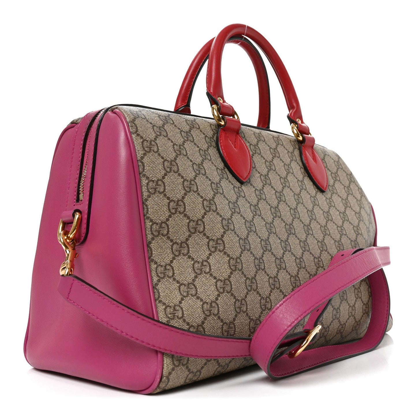 GG Supreme Monogram Medium Boston Beige Hibiscus Red New Rosette