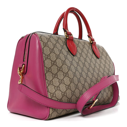 GG Supreme Monogram Medium Boston Beige Hibiscus Red New Rosette