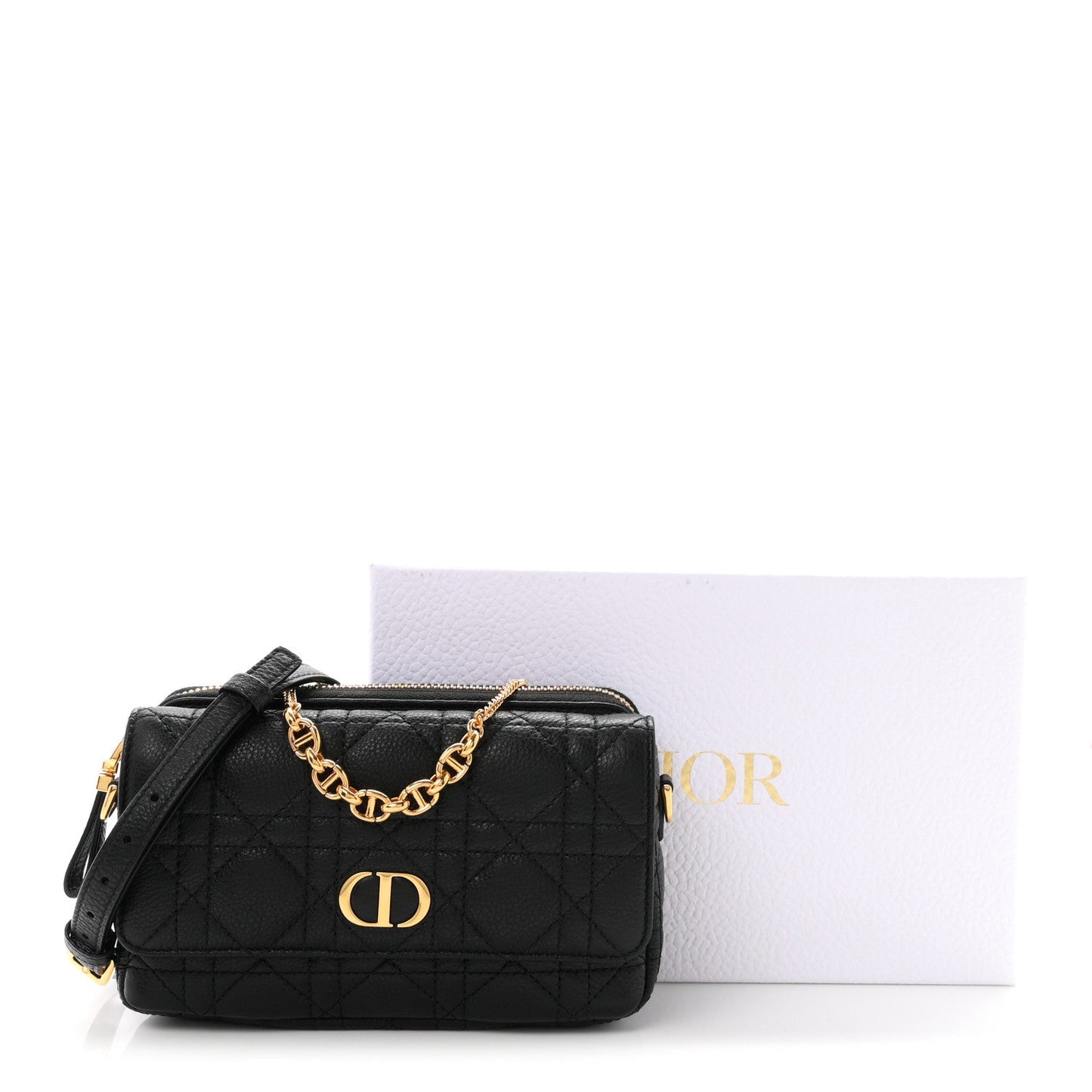 Supple Calfskin Cannage Caro Pouch With Chain  Black