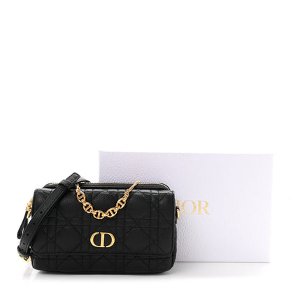 Supple Calfskin Cannage Caro Pouch With Chain  Black