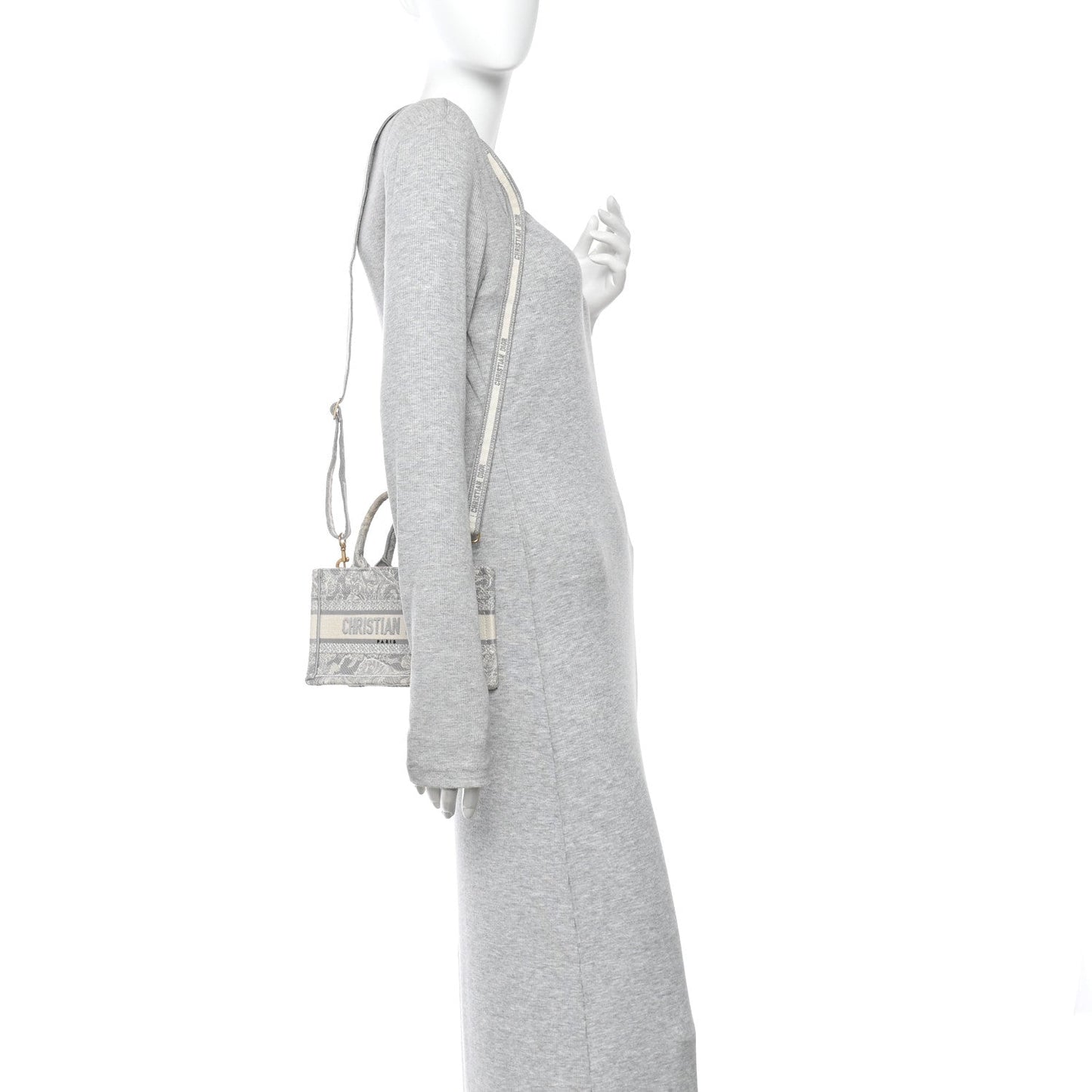 Canvas Embroidered Toile De Jouy Reverse Mini Book Tote With Strap Grey
