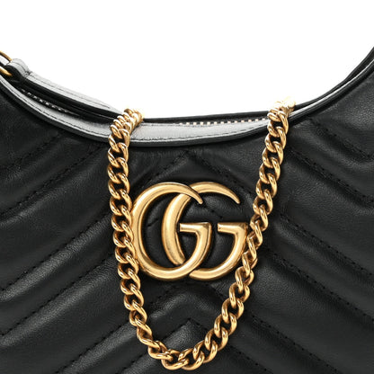 Calfskin Matelasse Chevron Mini GG Marmont Half Moon Hobo Black