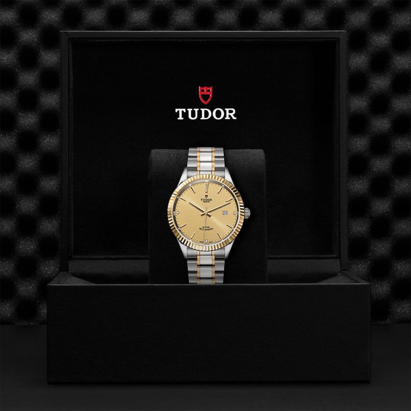 Tudor Style Automatic Diamonds Gold Dial Two Tone Steel Strap Watch for Men - M12713-0007