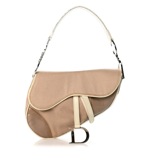 Canvas Patent Calfskin Saddle Bag Beige