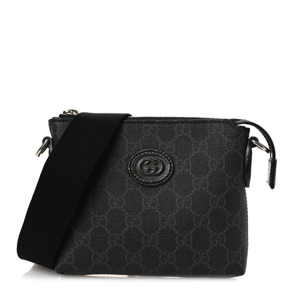GG Supreme Monogram Azalea Calfskin Small Retro Interlocking G Wristlet Messenger Bag Black