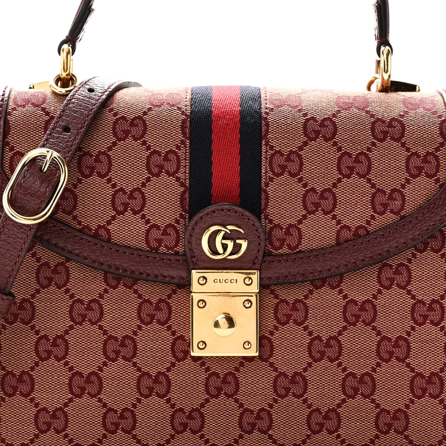 GG Supreme Monogram Textured Dollar Calfskin Web Small Ophidia Padlock Top Handle Bag Bordeaux