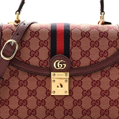 GG Supreme Monogram Textured Dollar Calfskin Web Small Ophidia Padlock Top Handle Bag Bordeaux