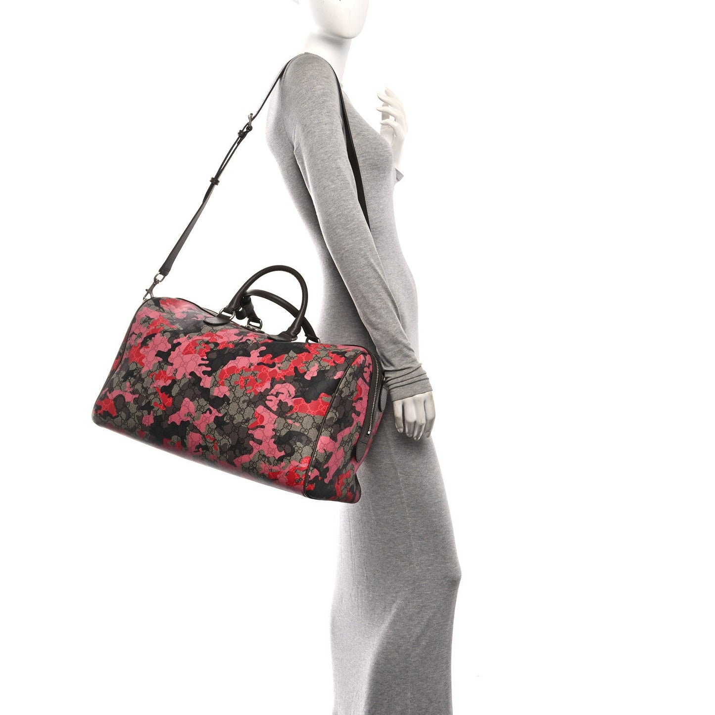 GG Supreme Monogram Camouflage Textured Dollar Calfskin Medium Savoy Duffle Bag Beige Pink Red