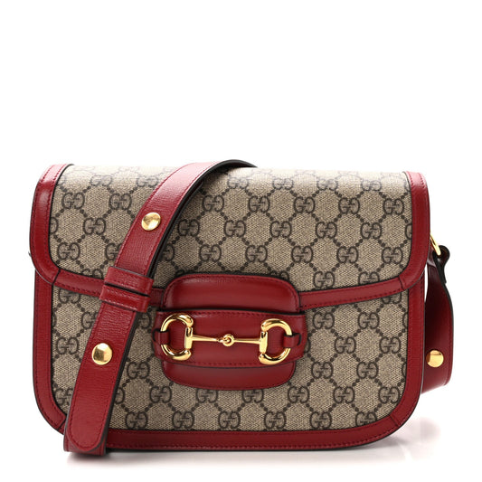 GG Supreme Monogram Azalea Calfskin Horsebit 1955 Shoulder Bag Beige Ebony New Cherry Red