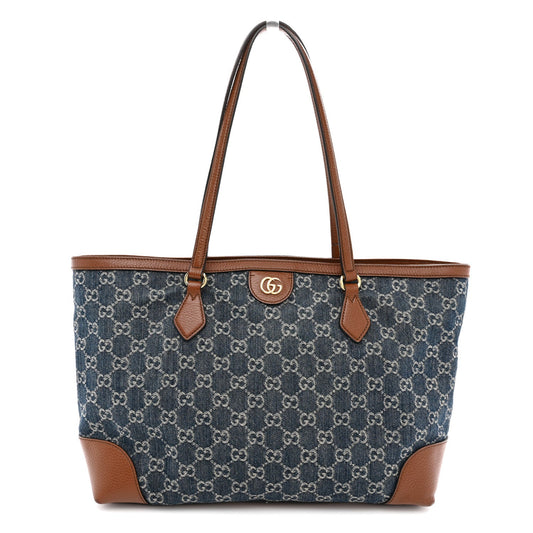 New Denim GG Monogram Medium Ophidia Shopping Tote Blue Tea Cuir
