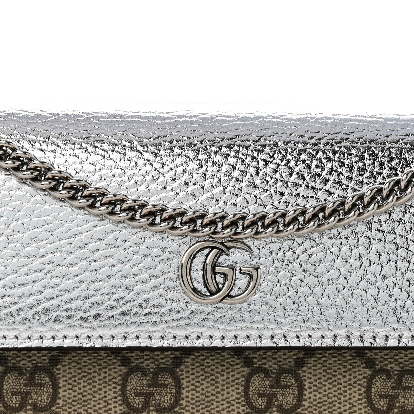 Metallic Calfskin GG Supreme Monogram Petite GG Marmont Wallet Chain Bag Silver Beige Ebony