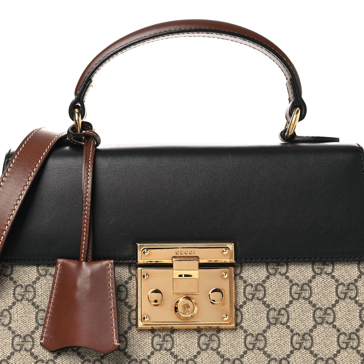 GG Supreme Monogram Calfskin Small Padlock Top Handle Bag Beige Black Cuir