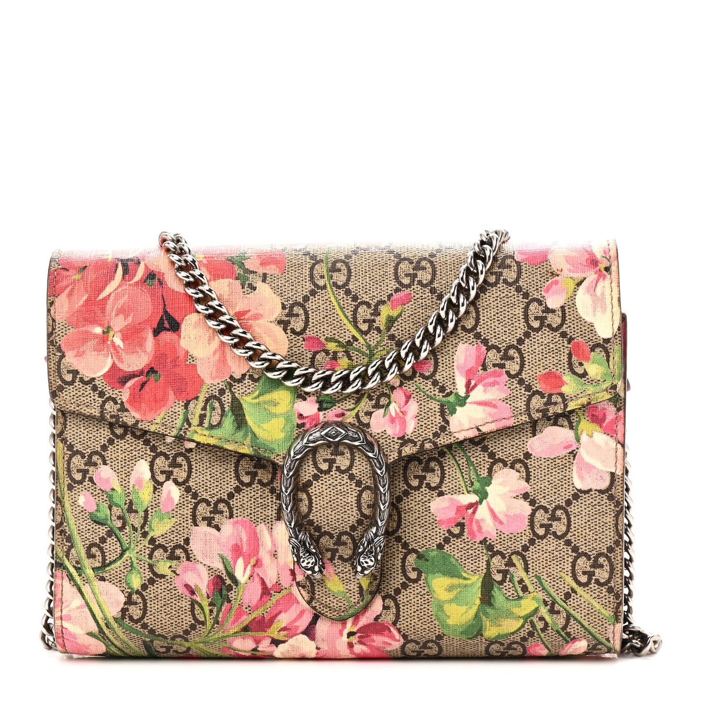 GG Supreme Monogram Blooms Mini Dionysus Chain Wallet Beige Multicolor Dry Rose