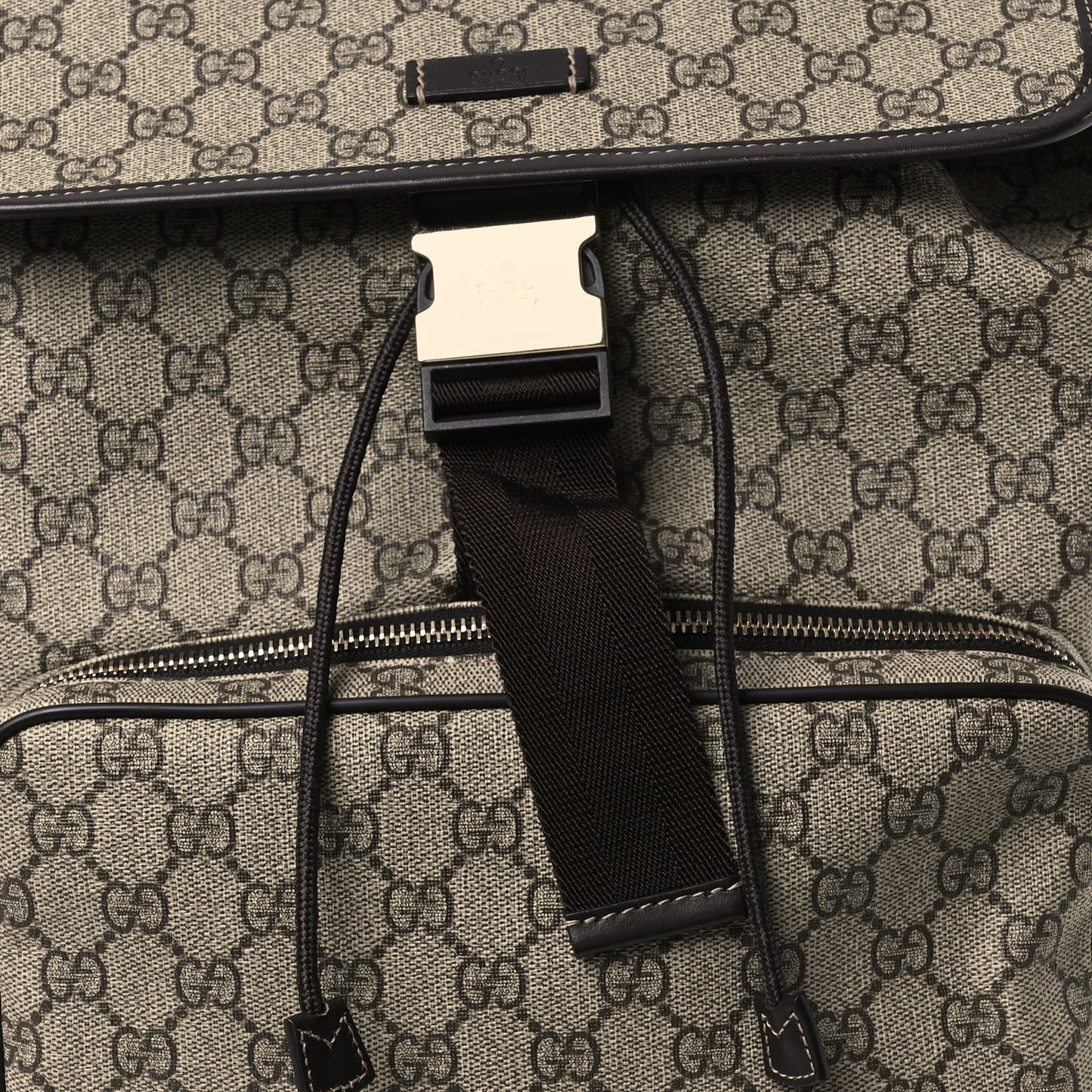 GG Supreme Monogram Medium Single Buckle Rucksack Backpack Beige Ebony Brown