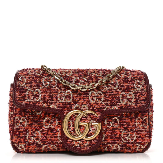 Tweed GG Monogram Mini GG Marmont Shoulder Bag Pink Red