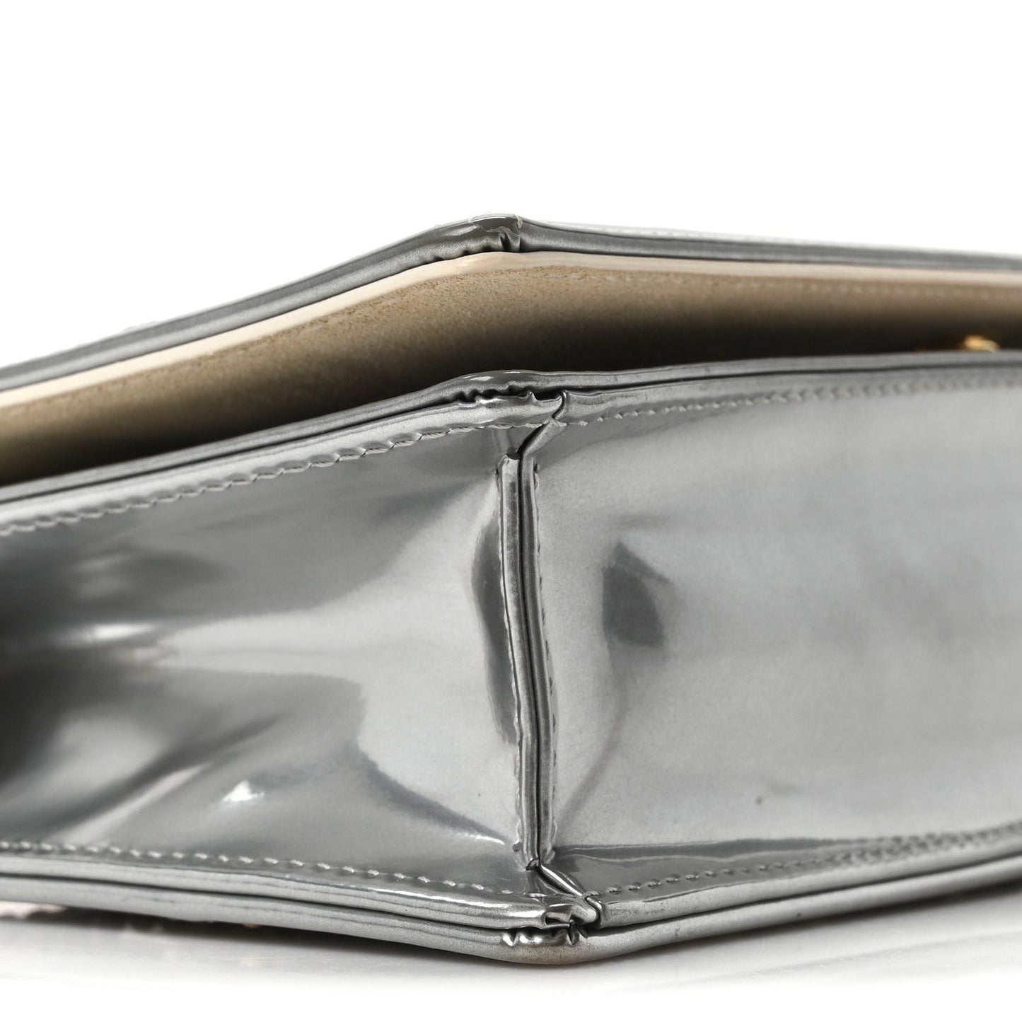 Metallic Patent Studded Diorama Top Handle Wallet on Chain Pouch Silver